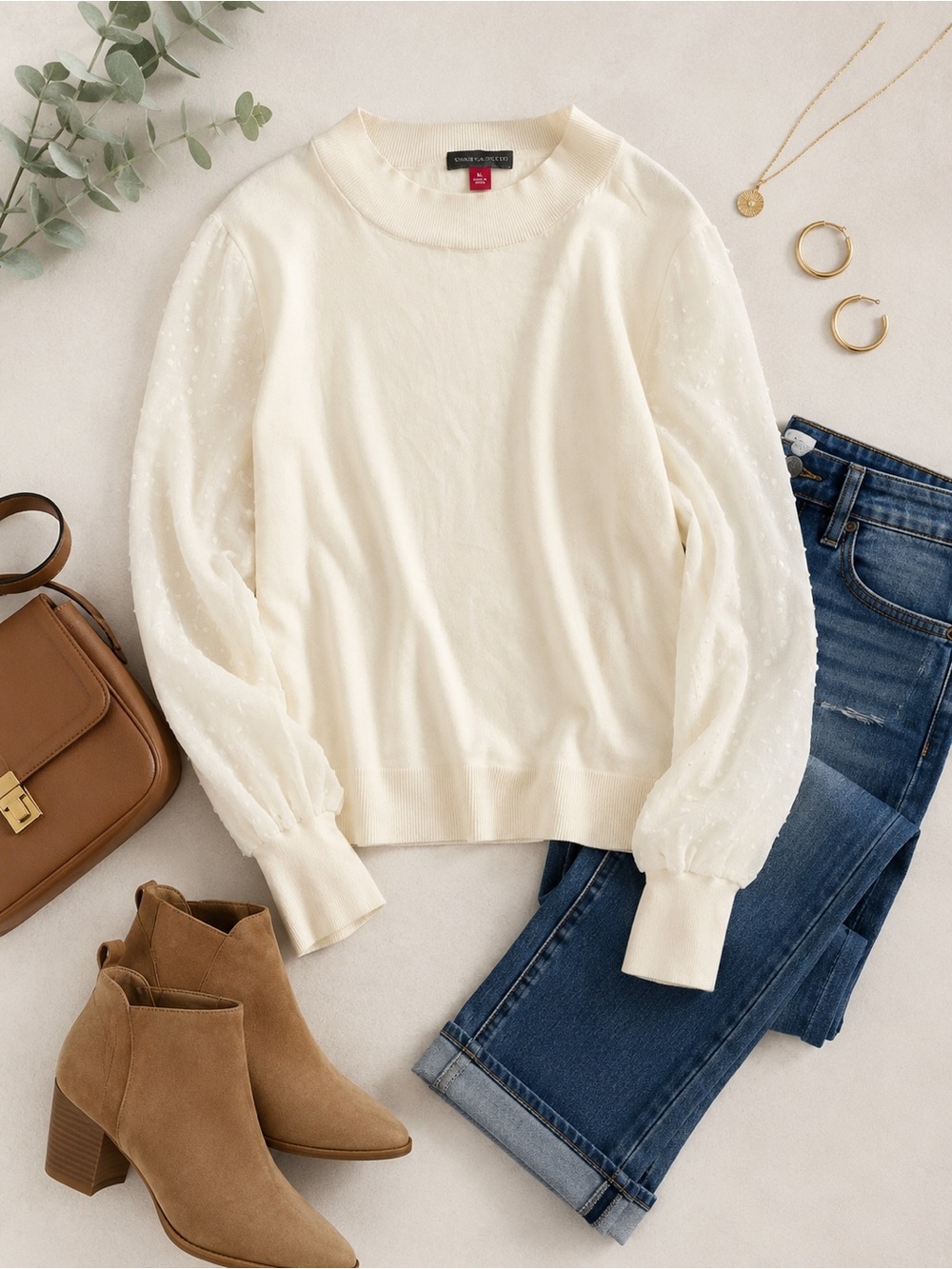 Vince Camuto Cream Sheer Dot Puff-Sleeve Sweater